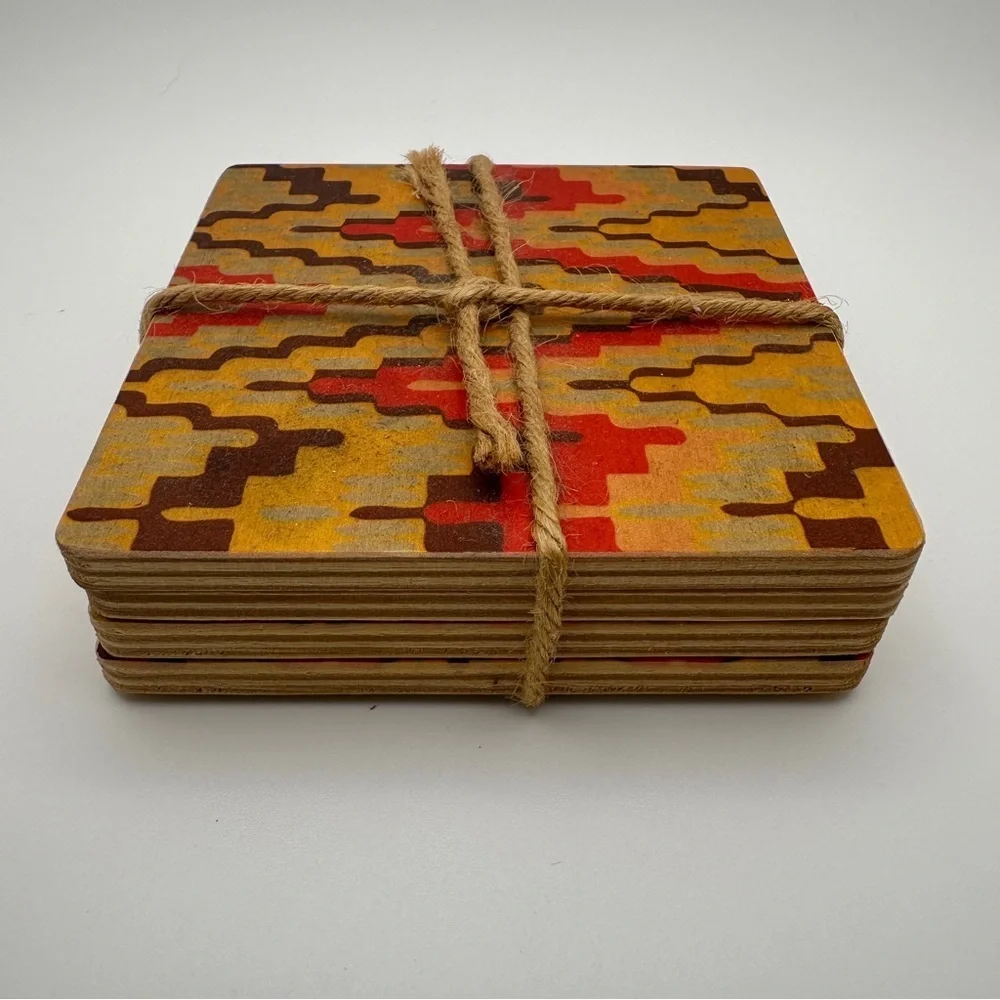 Geometric Patterned Wood Multicolor Coasters Set of 4